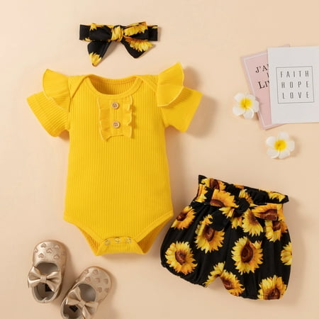 

Hunpta Baby Girl s Outfits Solid Color Short Sleeve Ruffles Ribbed O Neck Romper+Floral Shorts+Floral Bowknot Headband 3PCS Set
