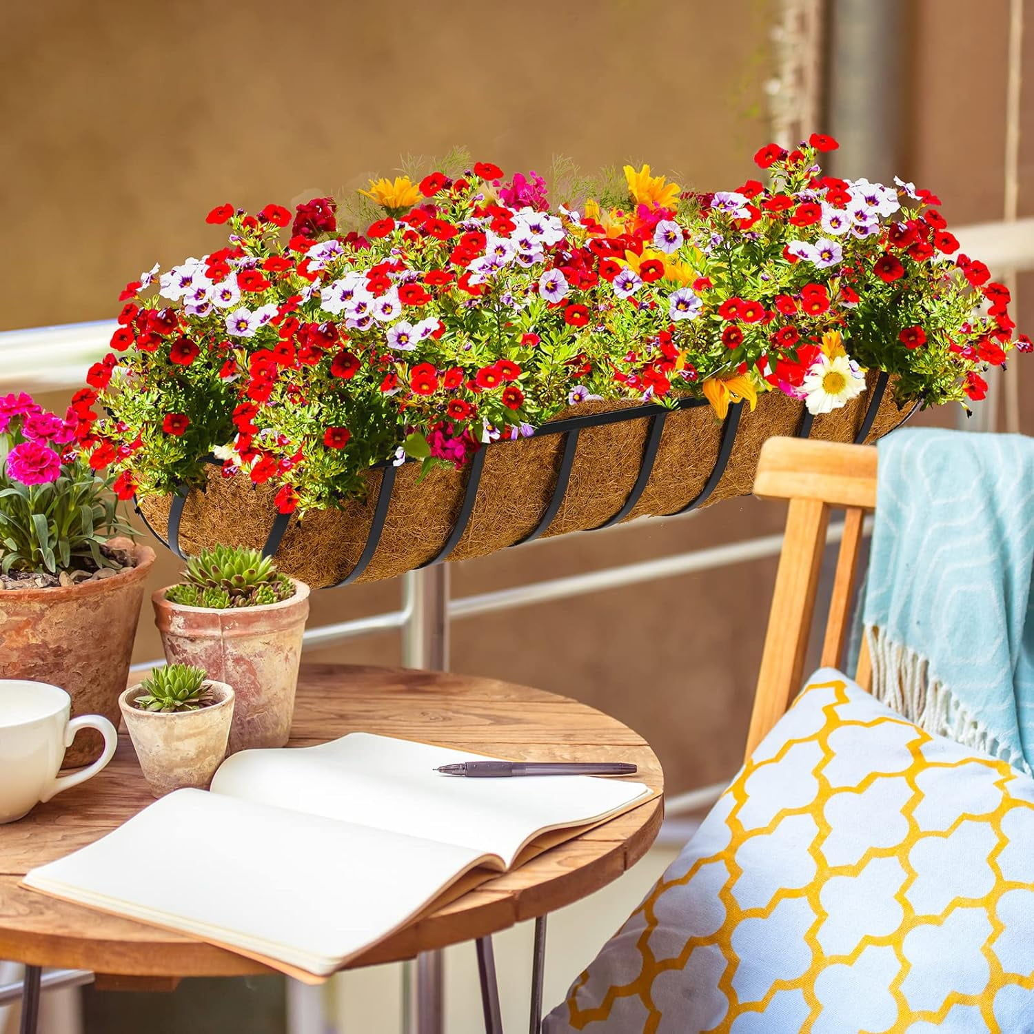 2 Pcs 24inch Window Box Deck Railing Planter with Coco Liner for Outdoor Balcony Porch Fence Patio Rail