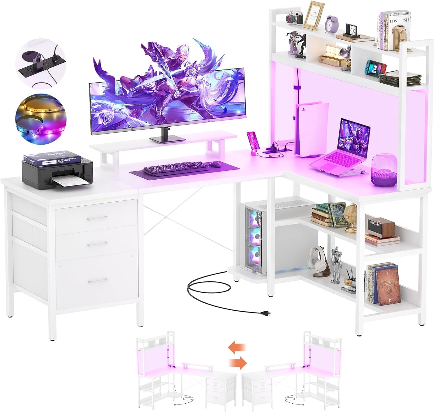 Homieasy 58.7'' L Shaped Computer Desk with Hutch, Power Outlets, LED Lights & Storage Drawers, for Home & Office, White