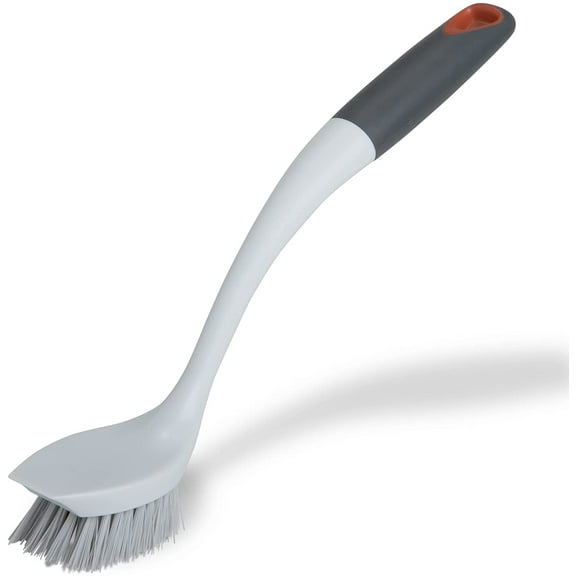 Smart Design Scrub Brush with Scraper Tip - Non-Slip Handle - Long Lasting Bristles – Non-Scratch - Dishwasher Safe - Cleaning, Pots, Pans and Kitchen Sink 11 inch Long - Gray and Sunset Orange