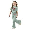thumbnail image 2 of SonxaHe Big Girls Outfits Valentine's Day Bow Graphic Short Sleeve Tshirt Flared Pants Stylish Comfy Outfit Set for Kids Green,Size 12-13, 2 of 4