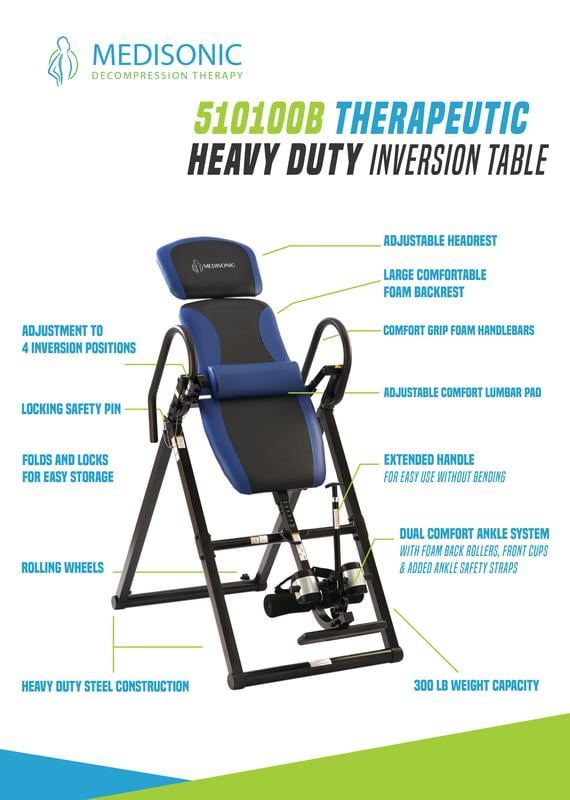 Medisonic 510100B Therapeutic Heavy Duty Steel Frame Inversion Table, 300LB Capacity