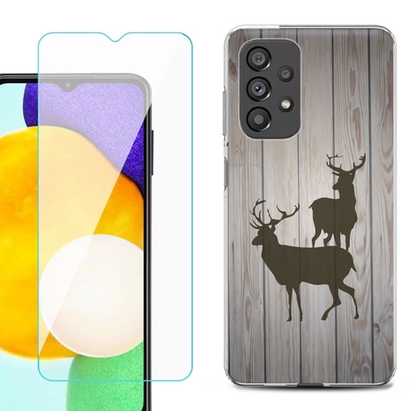 Slim-Fit Gel TPU Phone Case for Samsung Galaxy A23 5G, with Tempered Glass Screen Protector, by OneToughShield ® - Wood/Deer