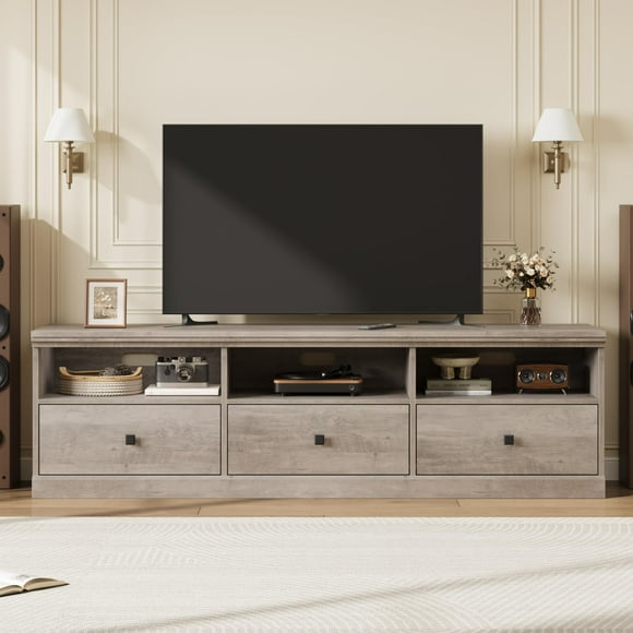 GloryStar TV Stand for 75 Inch TV, Mid-Century Modern Entertainment Center with Storage Drawer, TV Console with Open Shelves, Wood Media TV Cabinet for Living Room, Bedroom, Gray