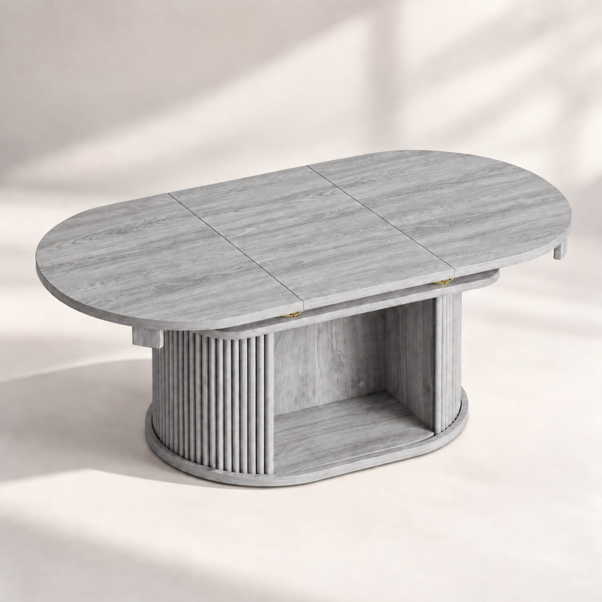Lacoo Extendable Oval Coffee Table with Storage, Fluted Base with Cubby for Living Room, Den, Gray