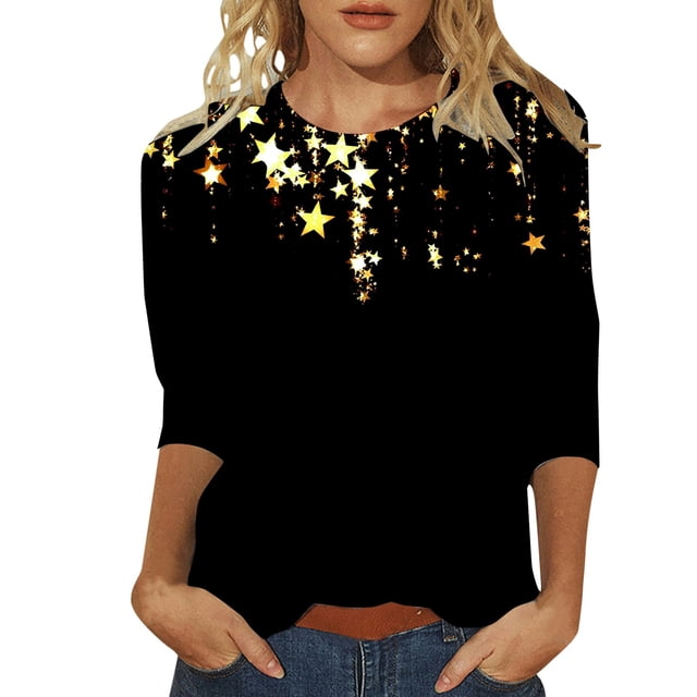 Hauts Scintillants pour Femmes Grande Taille Décontractés Manches 3/4 Mode Imprimé Floral Col Rond T-Shirts à Paillettes Légers Fête Carnaval Basique T-Shirt Brillant Vêtements de Vacances Jaune m