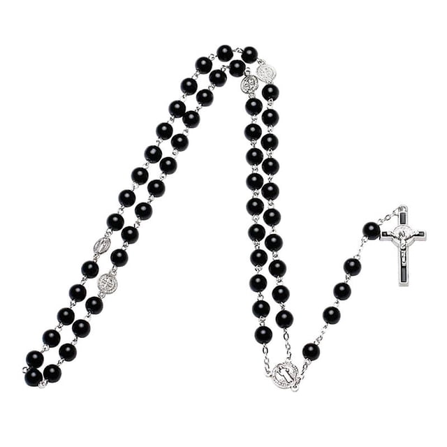 Collar religioso con cruz de cristal negro y rosario católico