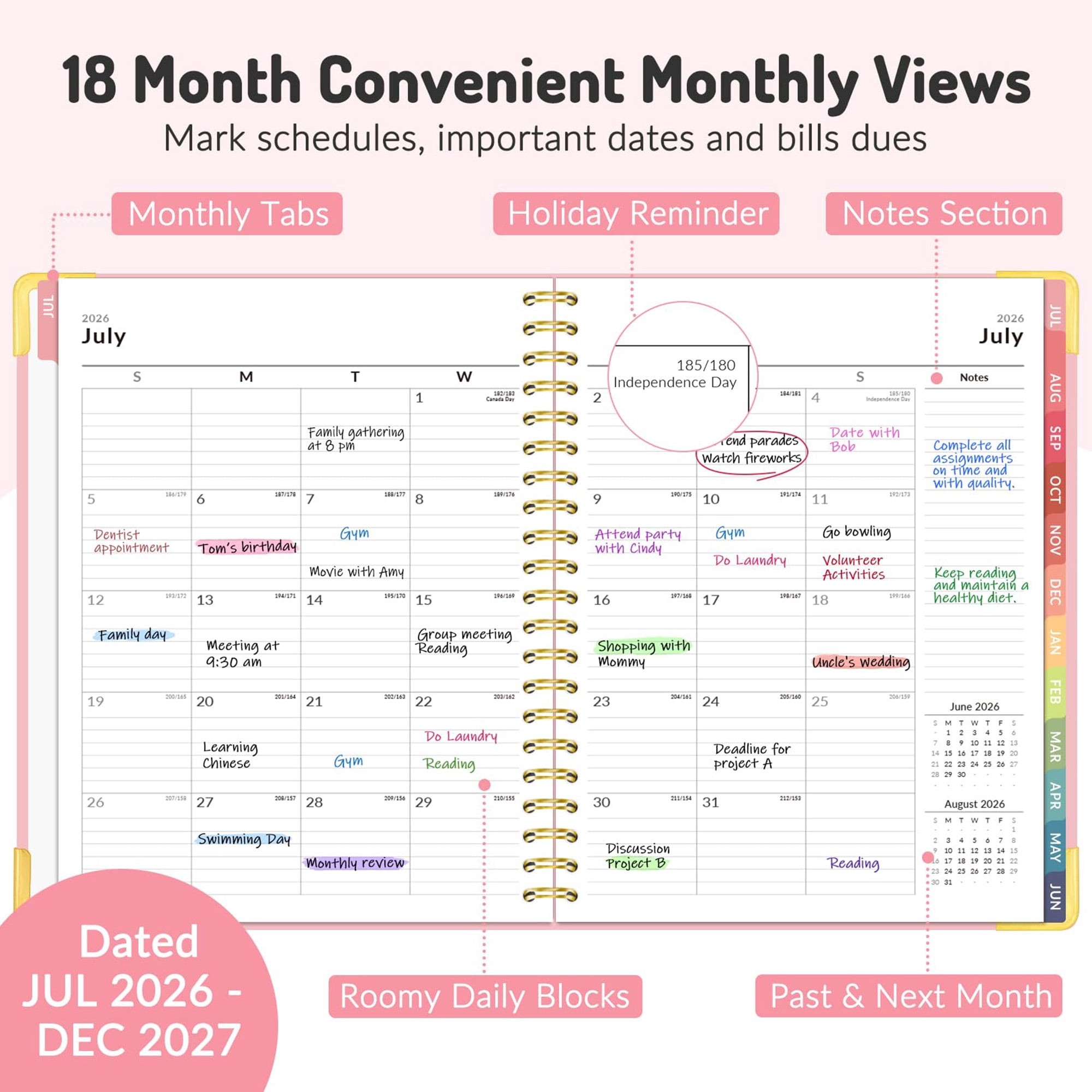 18 Month Academic Planner 2026-2027, July 2026 to December 2027, Weekly Monthly Calendar Planner, Daily Agenda Book for Students Teachers, College Supplies, A4 Size, Pink