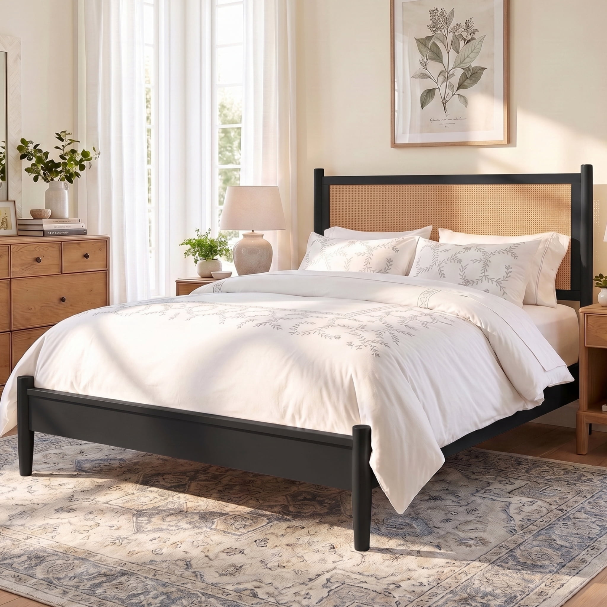 Euroco Modern Wood King Size Platform Bed with Rattan Headboard,Wicker Bed, No Box Spring Needed, Black