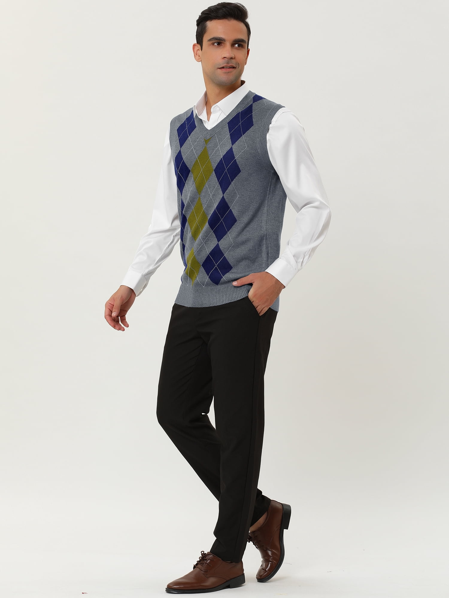 Unique Bargains Men's Argyle V Neck Slim Fit Sleeveless Knit Pullover Sweater Vests S Gray