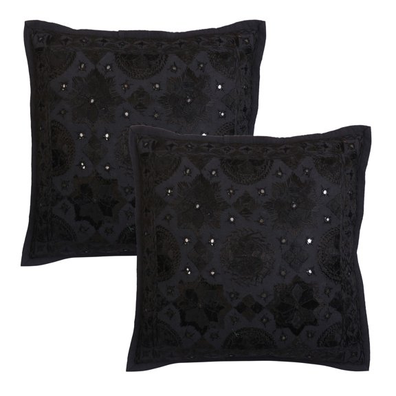 Stylo Culture Indian Couch Throw Pillow Covers 16 x 16 Embroidered Black Bohemian 40cm x 40cm Lounge Decor Cotton Mirrored Square Cushion Covers | Set Of 2