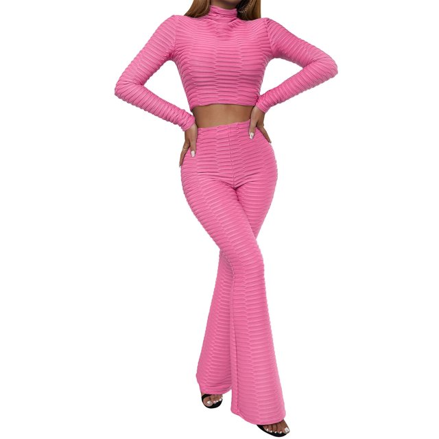 VISgogo, traje de 2 uds con pantalones para mujer, Tops cortos de cuello alto de manga larga de Color liso, pantalones acampanados largos de tiro alto, ropa de primavera/otoño para mujer VISgogo moda