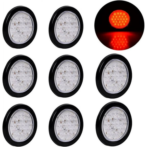 8pcs Astra Depot Round 4 inch Red 24 LED Trailer Tail Lights Kit Truck RV Stop Brake Lamp Clear Lens w/ Rubber Grommet 12V