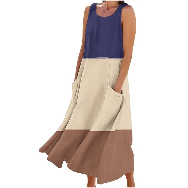Vestido de Verano para las Mujeres sin Mangas Lino-Look Impreso Maxi, Suelto Fluido Y Vestido Sexy de Moda para las Mujeres