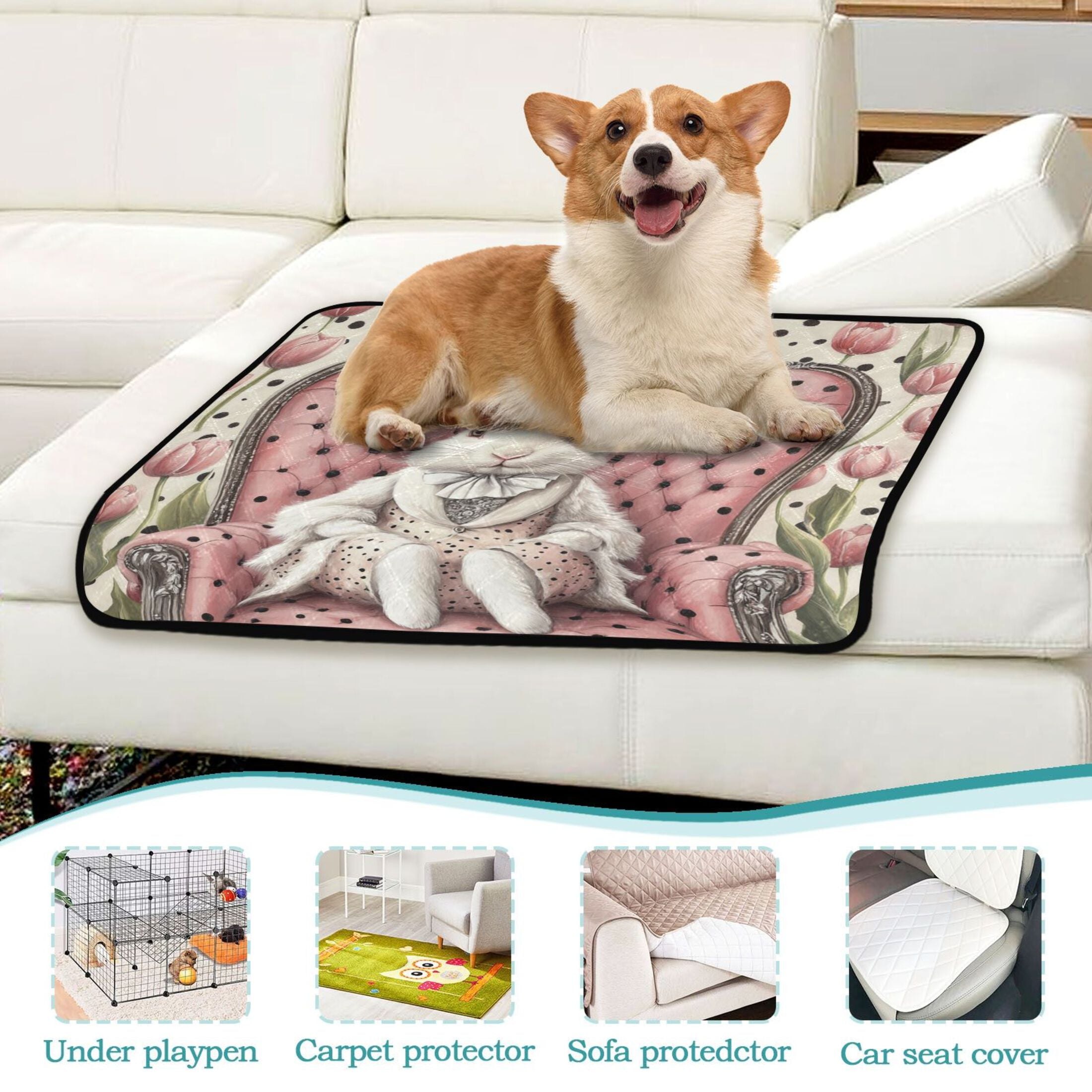 Qxltty Gentleman White Rabbit Cat litter Pads Pet Set of 2 Diaper Mats Center Anti-leakage Layer Absorbent Soft and Comfortable