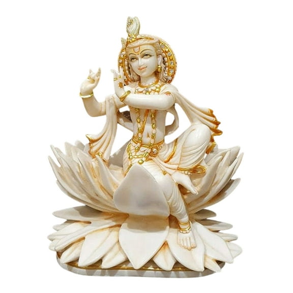 Krishna Statue Murti 9 inches Gold Marble Krishna Idol Divine Krishna Sitting on Lotus Flower Statue Krishna Figurine Handpainted Krishna Murti Lotus Krishna Narayana Statue Home Decor Gifts Sculpture