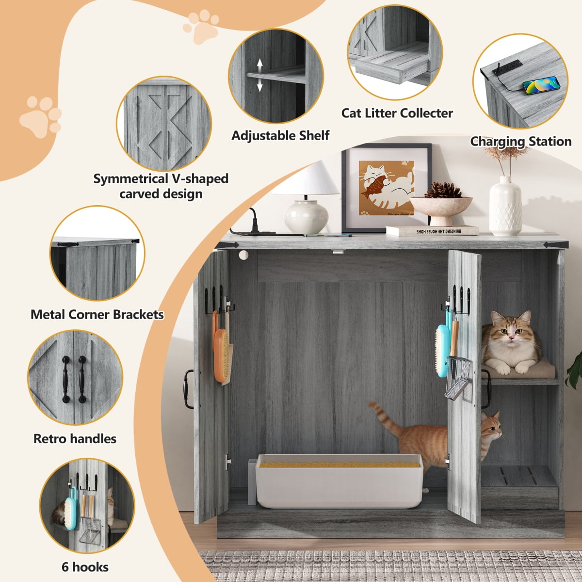 Cat Litter Box Cabinet with Power Outlet, Modern Litter Box Furniture for Large Automatic Litter Boxes, Hidden Litter Box Enclosure with Litter Catcher, Adjustable Storage Shelves, Gray
