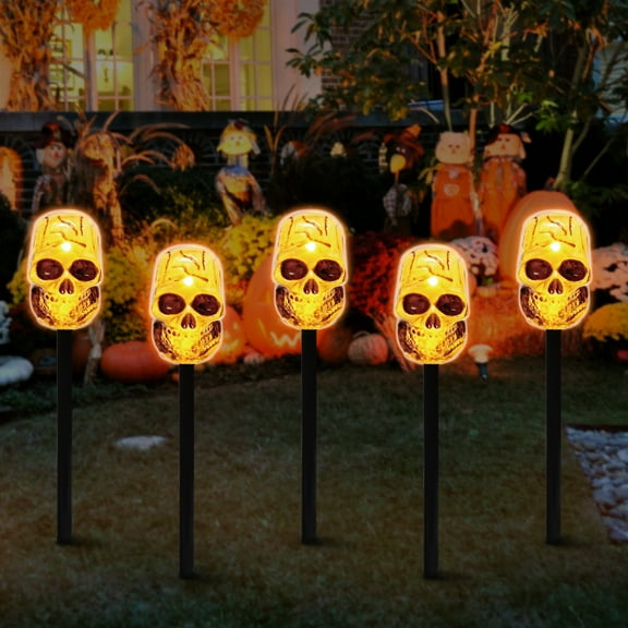 LAMPHOME Halloween Pathway Lights Outdoor, 5PCS Skull Halloween Decorations Outdoor Yard, Pathway Marker Stake Lights for Patio Ground Path Sidewalk Walkway Driveway
