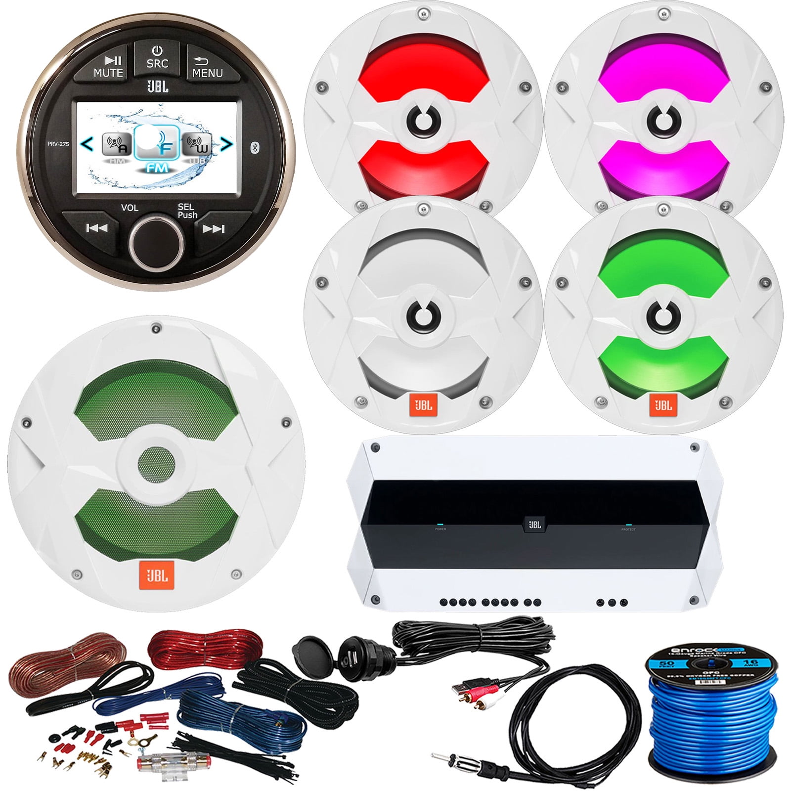 Jbl Prv 275 Marine Bluetooth Usb Aux Digital Receiver Bundle W 4x 6 5 2 Way 225w Peak White Speakers 10 White Subwoofer 5 Channel Amp Wiring Kit 50 Foot Wire Antenna Aux Interface Mount