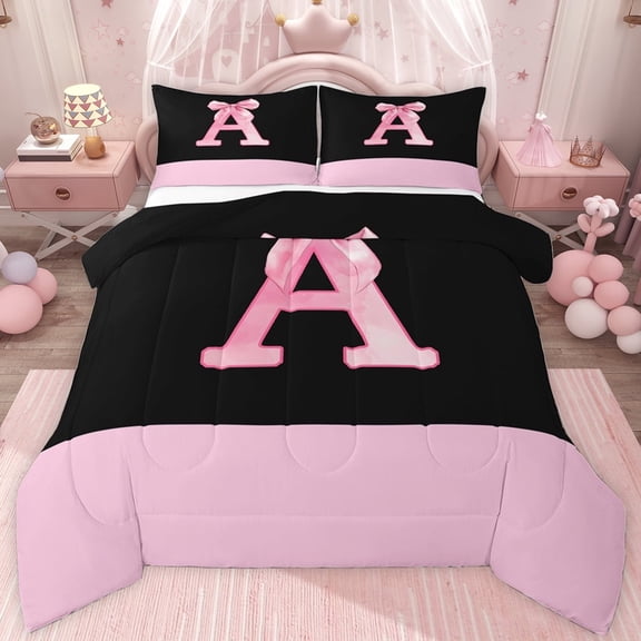 jejeloiu Girls Pink Bowknot Twin Comforter Sets,First Letter E Bedding Set For Kids Reversible 2-Piece