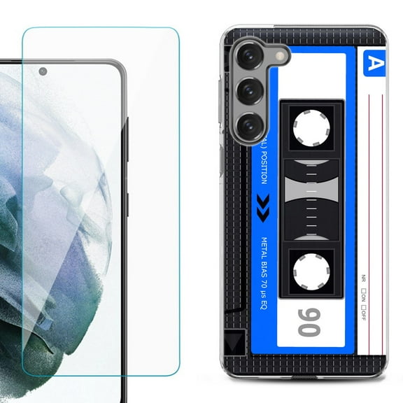 Shockproof Fashion Phone Case for Samsung Galaxy S23  / S23 Plus 5G, with Tempered Glass Screen Protector, by OneToughShield ® - Cassette Blue