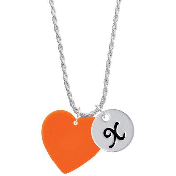 Delight Jewelry Acrylic 1" Orange Heart Silvertone Script Initial Disc - X - Charm Necklace, 20"+3"