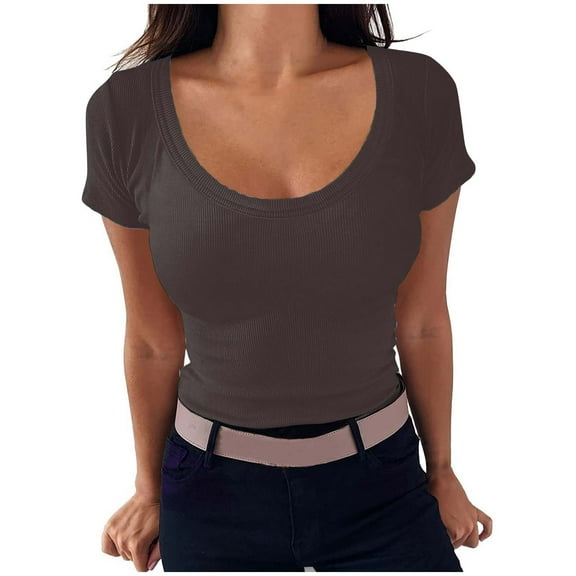 LYXSSBYX Plus Size Womens Shirts Women's Casual Solid Color Short-Sleeved U-Neck Top