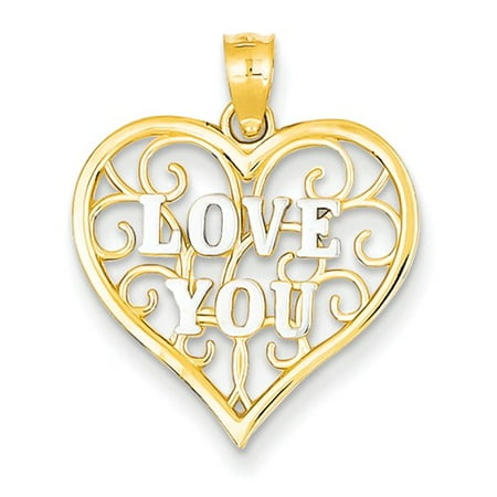 14K Yellow Gold and Rhodium Filigree Love You Heart Charm Pendant