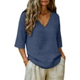 thumbnail image 5 of LIZUOJUN Women's Short sleeve T-shirt Linen Blend 3/4 Sleeve Blouse V Neck Casual Loose Solid Color Shirts for Women,Navy XL, 5 of 7