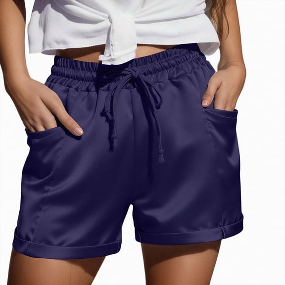 Yindaity Ladies Shorts Women's Casual Elastic Waist Lounge Shorts Comfy Stretch Lace Trim Summer Linen Ruffle Shorts(Dark Blue,XL)