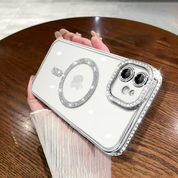 Compatible with iPhone 12 Case Plating Electroplate Magnetic [Support for Magsafe] Bling Glitter Sparkly Diamond Camera Lens Cover Crystal Matte Luxury Case for Girls Women -Silver