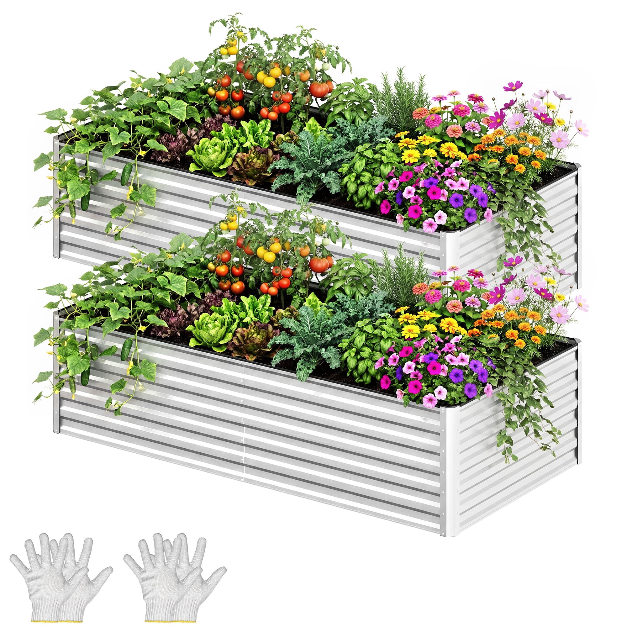 Uforic 6x3x2 ft 2-Pack Galvanized Raised Garden Bed Kit, Silver Metal Planter Box with Gloves, Ground Nails & Support Rod, Outdoor Above Ground Planter for Vegetables, Flowers, Plants