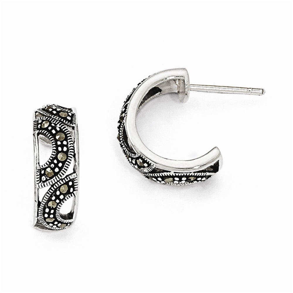 Solid 925 Sterling Silver Marcasite Post Hoop Earrings - 15mm x 6mm ...