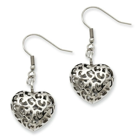 Wide Puffed Heart - Stainless Steel Puffed Heart Dangle Earrings (1.8IN Long x 0.8IN Wide)