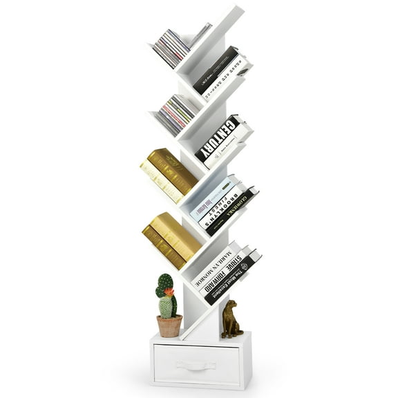 Costway 10-tier Tree Bookshelf with Drawer Free-standing Bookcase Storage Shelf White