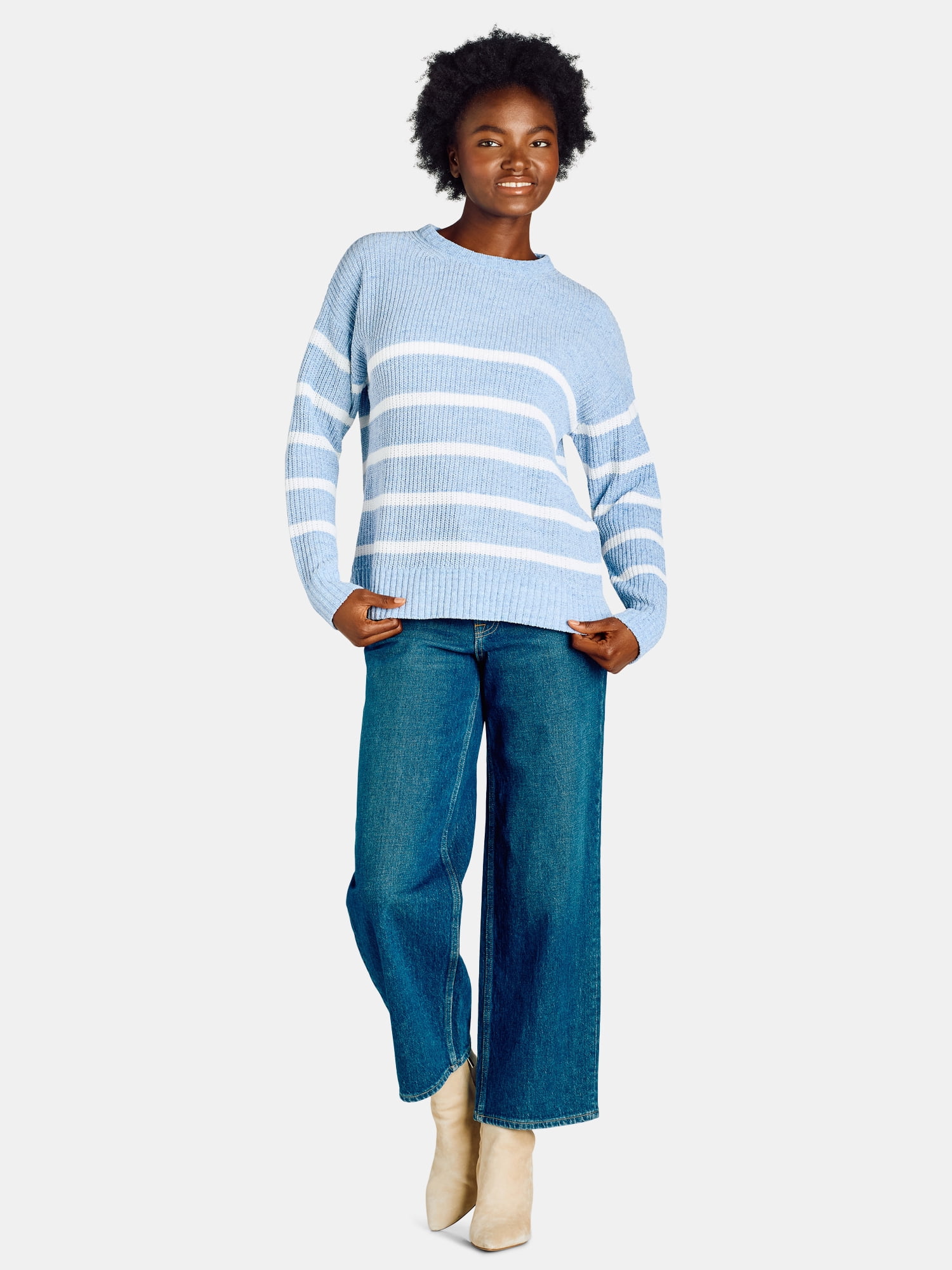 Time and Tru Women's Chenille Sweater with Long Sleeves, Midweight, Sizes XS-XXXL