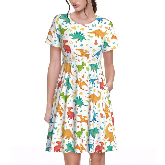 Vsdgher Dinosaure pour Femmes Été 2025 Robes Midi Décontractées Légères Manches Courtes Col Rond Robe de Plage