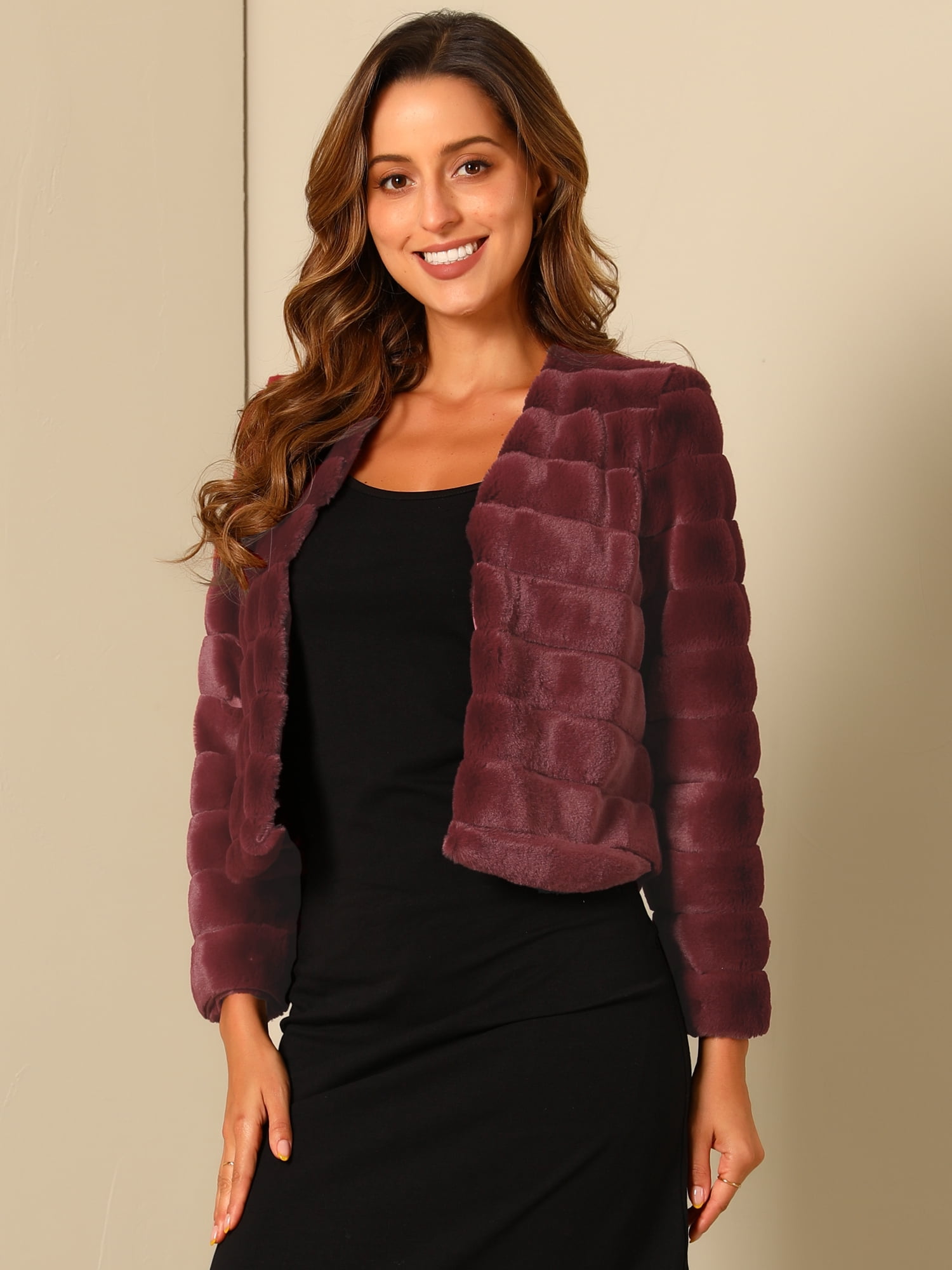 DARING DIVA Women's Long Sleeve Collarless Shaggy Soft Faux Fur Coat XL Dark Red