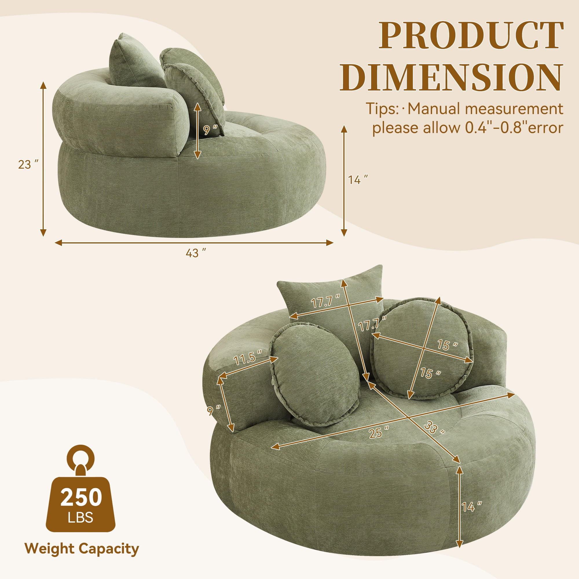 43'' Round Oversized Chaise Lounge Indoor Chair, No Assembly Chenille Compressed Circle Sofa Bed,Comfy Upholstered Sleeper Couch,Lazy Bean Bag Couch for Living Room, Bedroom,Green