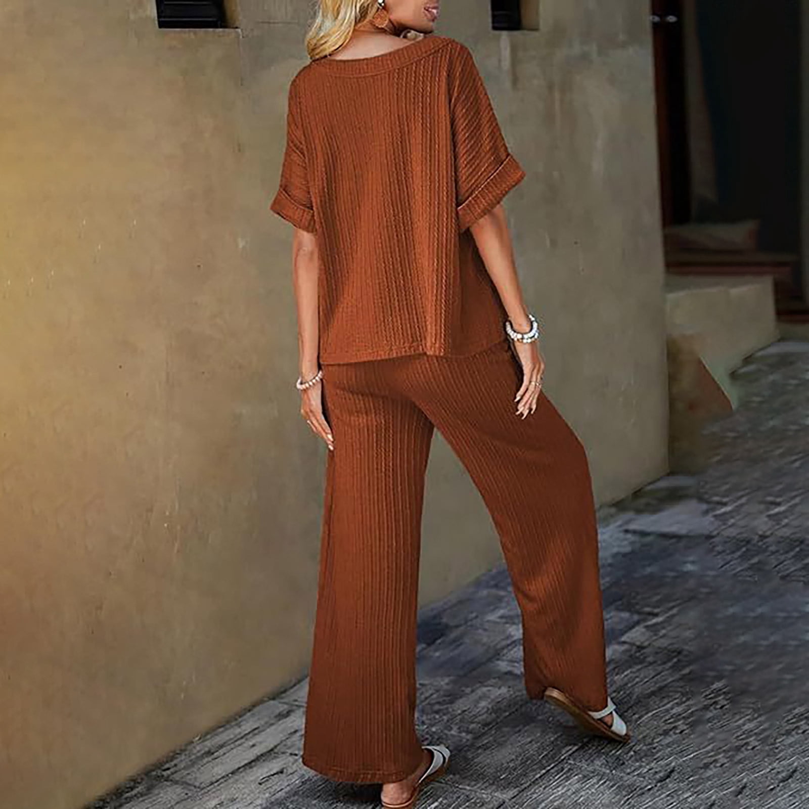 Pajama Sets for Women 2 Piece Short Sleeve 2 Piece Shorts Set for Women Solid Color Round Neck Short Sleeve Tops Pants Sets With Pockets