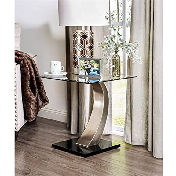 Bowery Hill End Table Coffee Accent Table Square in Glass Top and Steel - Silver