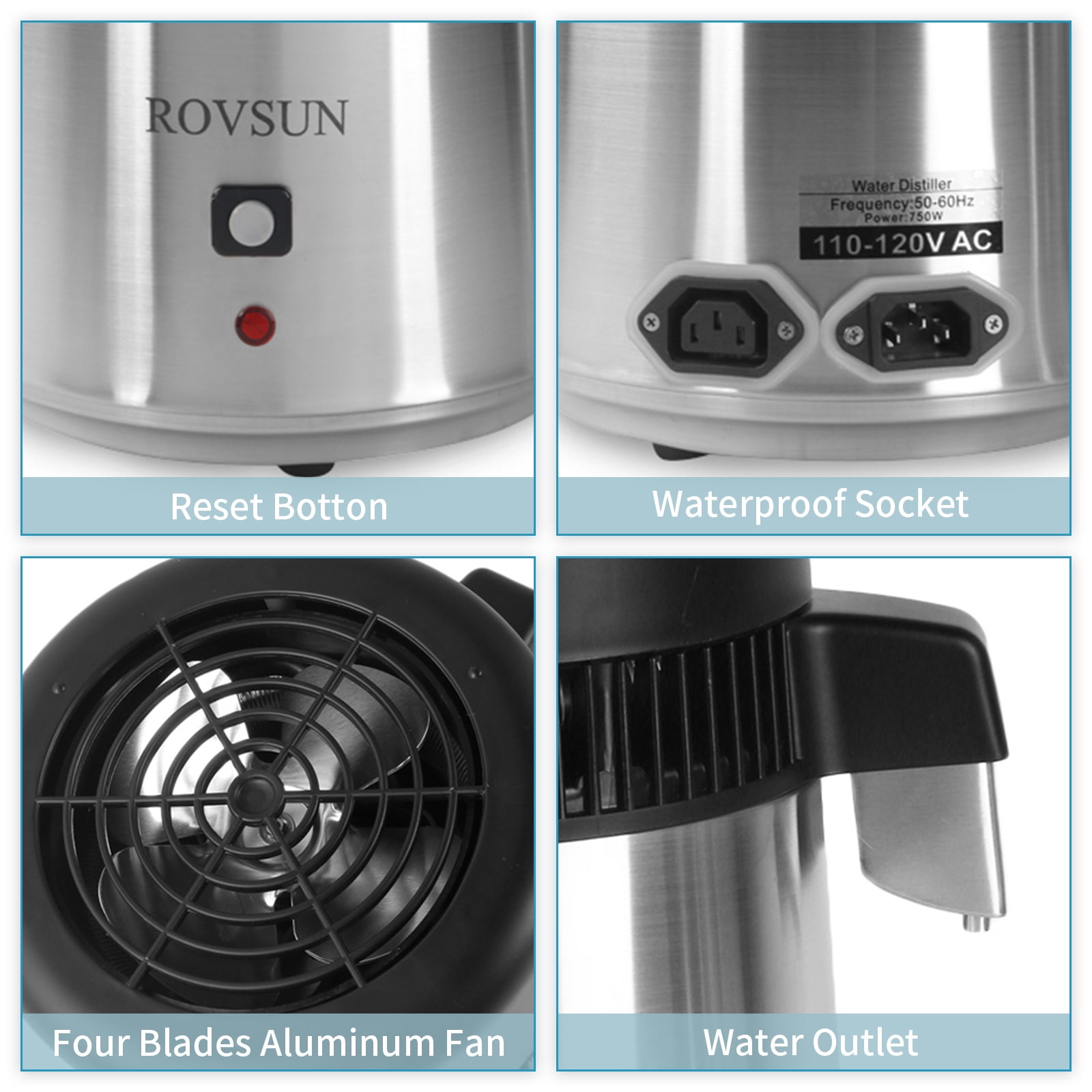 ROVSUN【Upgraded】4L Countertop Water Distiller Machine Stainless Steel for Home, 750W Distilled Water Maker with Glass Container, 1L/H,Silver