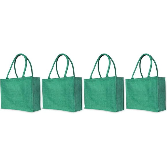 Jucobee 4-Pack Green Jute Tote Bags – Durable & Sustainable Jute Totes for Grocery Runs, Weddings, Christmas, Shopping, Events & Everyday Use – 15"W x 12"H x 6"D