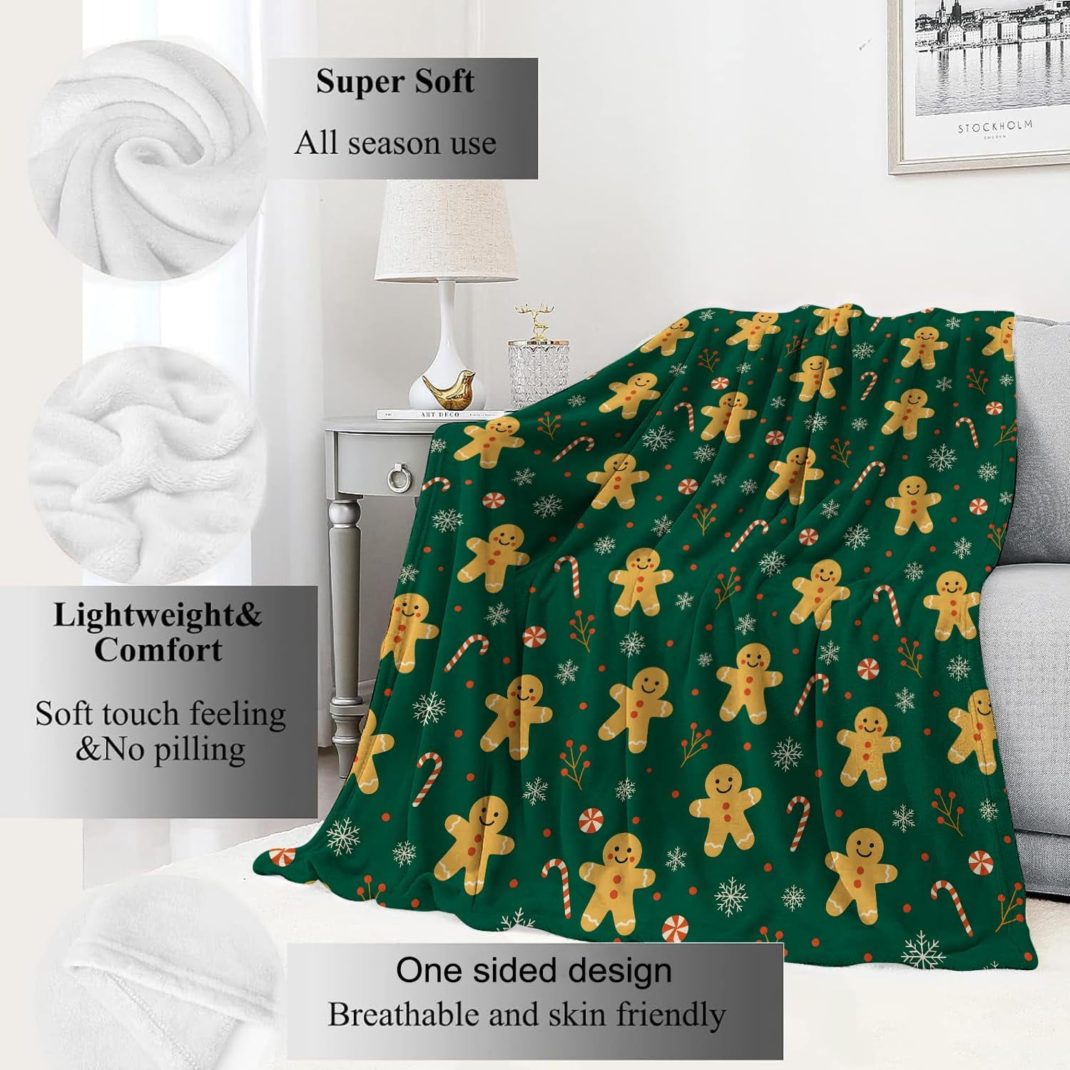Gingerbread Man Blanket Christmas Holiday Decor Cute Green Xmas Throw Gifts for Kids Lightweight Fleece Candy Canes Snowflakes Snowflakes Cookies Blankets for Festive Winter Decoration 40x50in