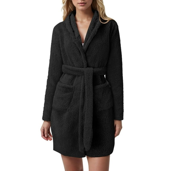 Women Hooded Bathrobe Lightweight Soft Long Flannel Sleepwear
