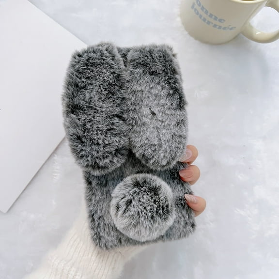 Furry Bunny Case Cover for Samsung Galaxy A14 5G, Chic Luxury Faux Fur Rabbit Design Girly Back Case for Girls Women Shockproof Bumper Soft Fluffy Cover - Gray