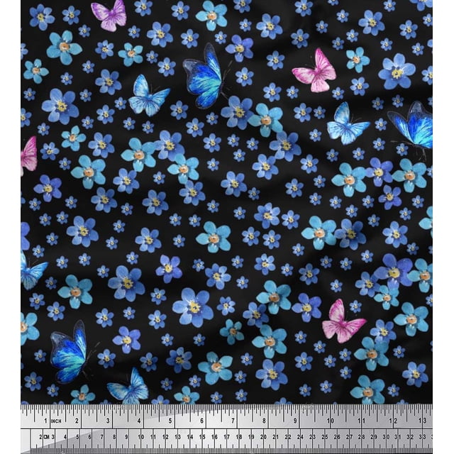 Soimoi Crepe Silk Fabric Butterfly & Flower Decor Fabric Printed Yard 42 Inch Wide