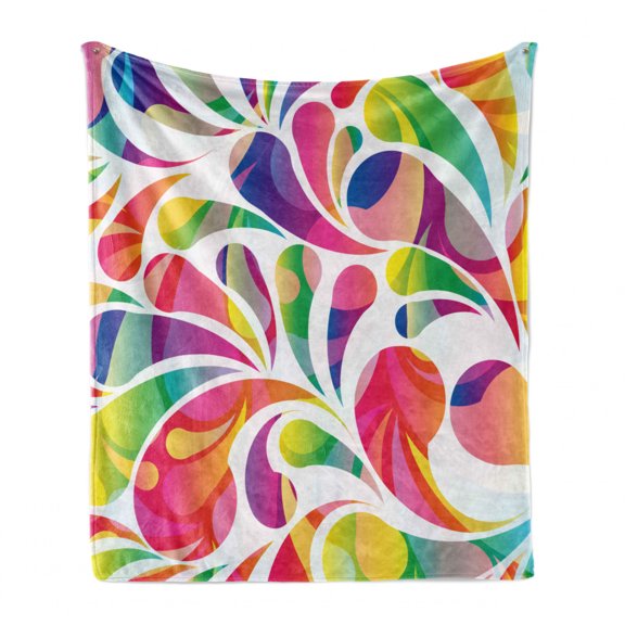 Colorful Soft Flannel Fleece Blanket, Abstract Arc-drop Shapes Energetic Composition with Vibrant Colors Curvy Splatters, Cozy Plush for Indoor and Outdoor Use, 50" x 70", Multicolor, by Ambesonne