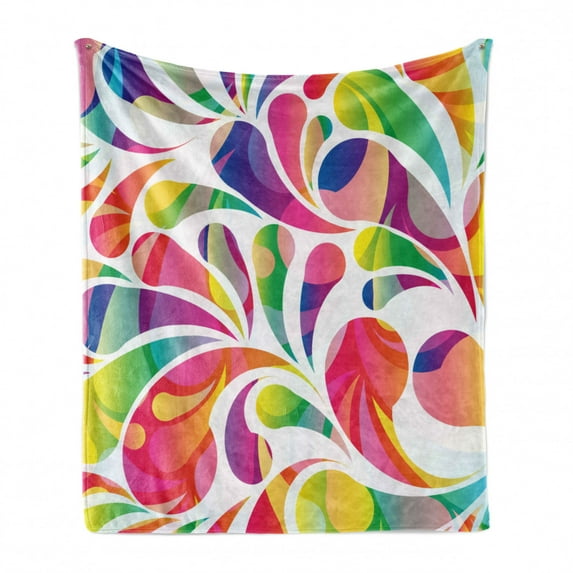 Colorful Soft Flannel Fleece Blanket, Abstract Arc-drop Shapes Energetic Composition with Vibrant Colors Curvy Splatters, Cozy Plush for Indoor and Outdoor Use, 50" x 70", Multicolor, by Ambesonne
