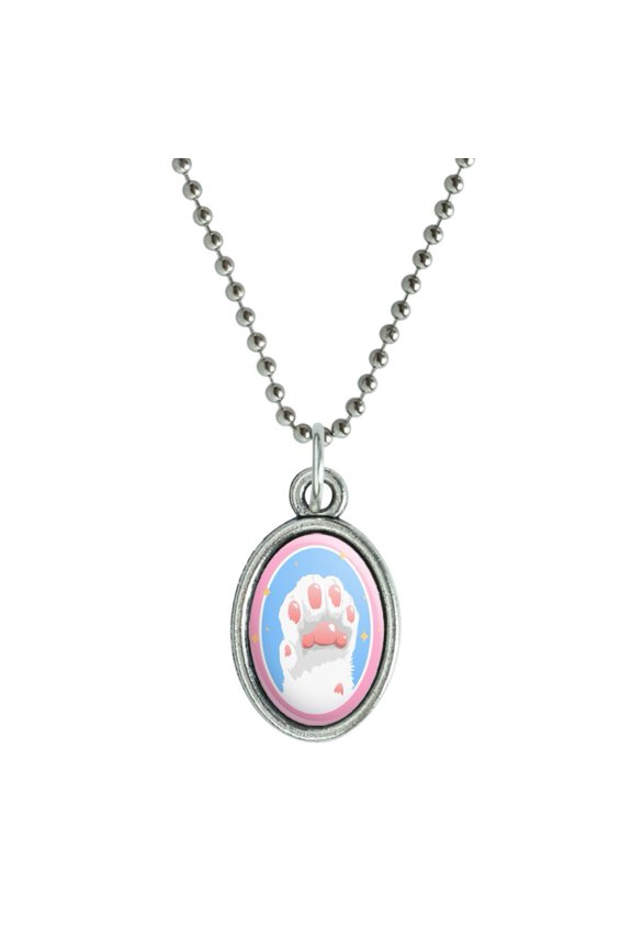 Cat Paw Toe Beans with Cute Sparkles Antiqued Oval Charm Pendant with Chain